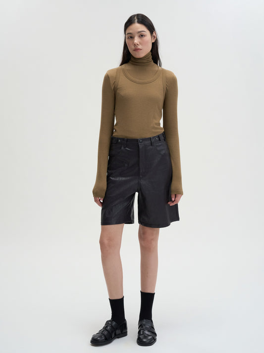 【MAGJAY 2025AW】Fake Leather Half Pants - Dark Brown