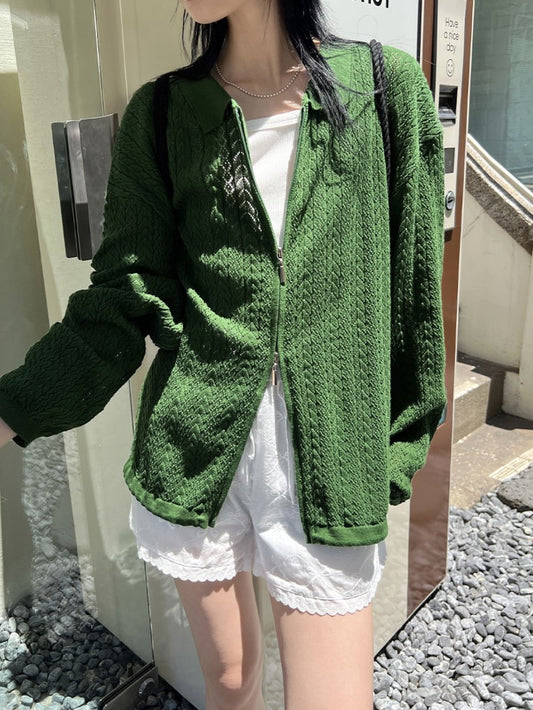Leaf Long-Sleeved Knit Zip-Up