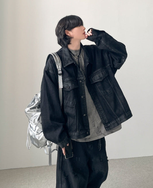 Waxed Denim Oversized Jacket – Black