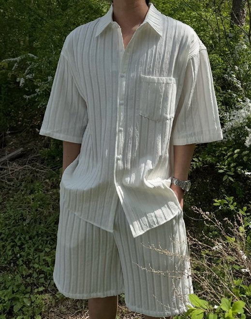 LOELA Pleated Shirt & Shorts Set – Black / Ivory