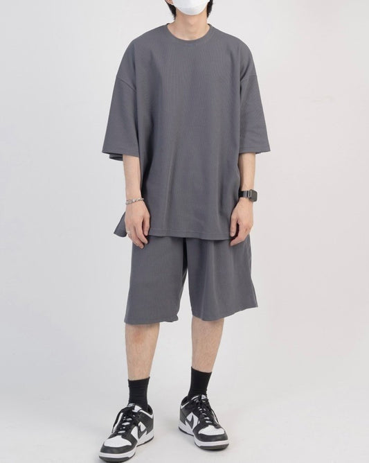 Waffle Texture Short Sleeve Set Up – Black / GREY