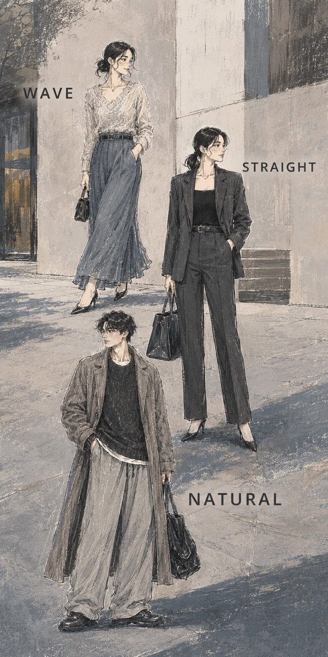 WAVE、STRAIGHT、NATURALのスタイル傾向を表現したファッションイラスト
